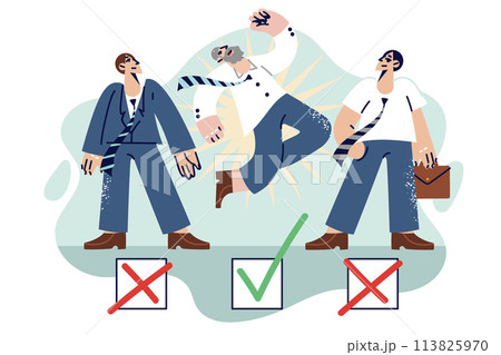 Experienced business man wins competition among young employees of company by jumping over checkbox 113825970
