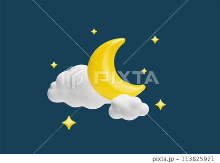 Tranquil 3D crescent moon and stars vector icon illustration 113825971