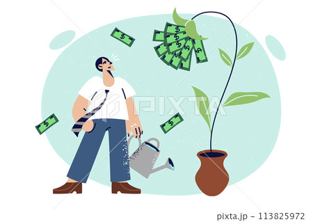 Business man waters money flower, seeking to increase passive income from investing in startup 113825972