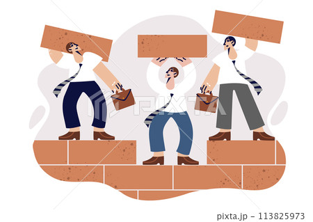 Teamwork of business men building wall of bricks together and taking care of creating corporation 113825973