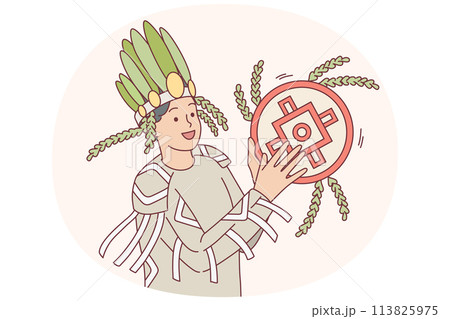 Smiling man in traditional costume play instrument 113825975