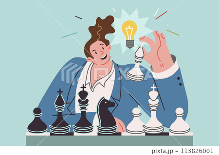 Business man plays chess, coming up with new idea, sitting with light bulb above head Business man plays chess, coming up with new idea, sitting with light bulb above head 113826001