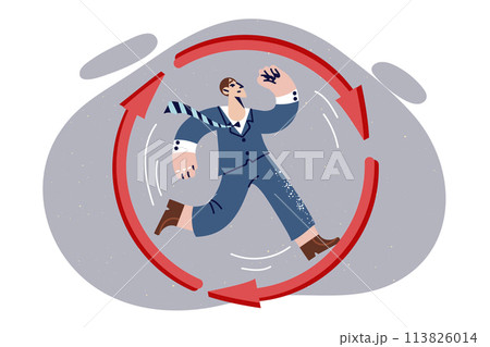 Business man runs in endless circle, trying to achieve success, like groundhog day metaphor 113826014