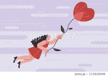 Woman flies in heart shaped hot air balloon, experiencing joy after receiving declaration of love 113826046