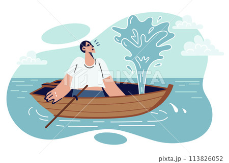 Man sits in sinking boat and risks going overboard due to not knowing how to solve problem Man sits in sinking boat and risks going overboard due to not knowing how to solve problem 113826052