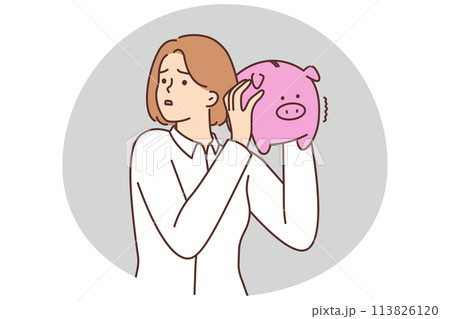 Unhappy woman with piggybank stressed with finances Unhappy woman with piggybank stressed with finances 113826120