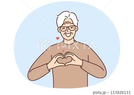 Smiling old man show heart symbol feel grateful 113826131