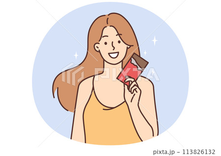 Smiling girl hold chocolate bar in hands 113826132