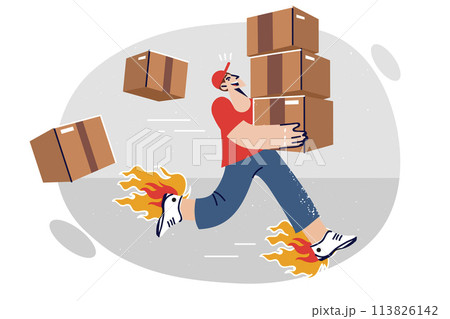 Man courier from express delivery company runs with boxes in hurry to delivery order to client Man courier from express delivery company runs with boxes in hurry to delivery order to client 113826142