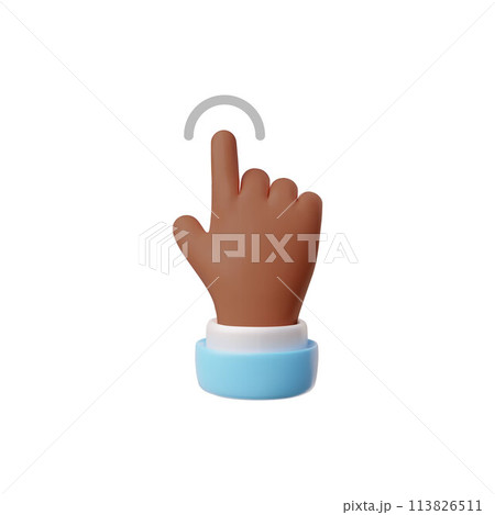 3D afro hand pointing index finger gesture vector icon, touch click arc cursor, tap semicircle ui button, blue sleeve 113826511
