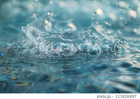 Falling drops of water. Splashes of water from a mountain river 113826897