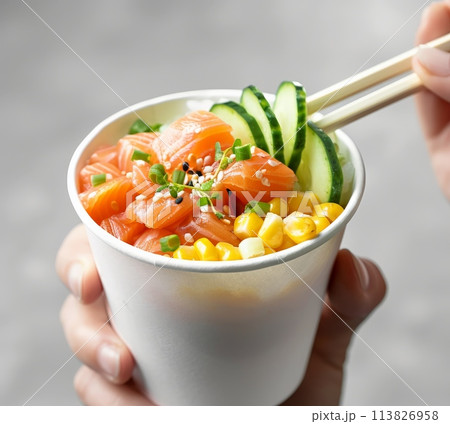 Person Holding Bowl of Sushi With Chopsticks 113826958