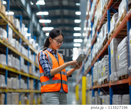 Warehouse worker woman inspecting inventory digital tablet. Inventory management control concept Warehouse worker woman inspecting inventory digital tablet. Inventory management control concept 113827196