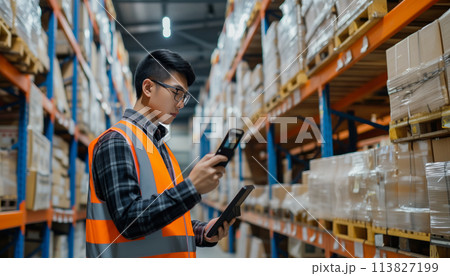 Warehouse worker inspecting inventory with digital tablet. Inventory management and control concept Warehouse worker inspecting inventory with digital tablet. Inventory management and control concept 113827199