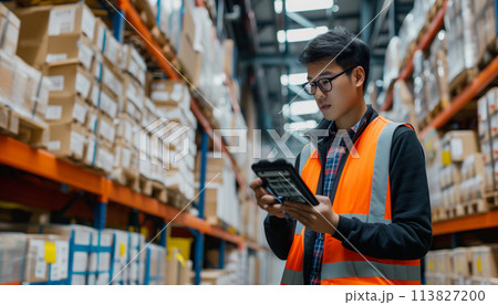 Warehouse worker inspecting inventory with digital tablet. Inventory management and control concept Warehouse worker inspecting inventory with digital tablet. Inventory management and control concept 113827200