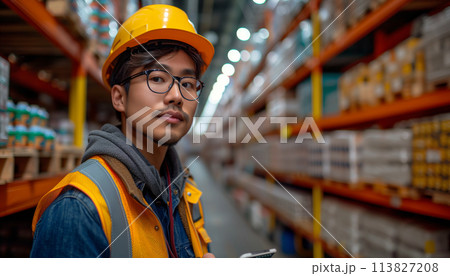 Warehouse worker inspecting inventory with digital tablet. Inventory management and control concept Warehouse worker inspecting inventory with digital tablet. Inventory management and control concept 113827208