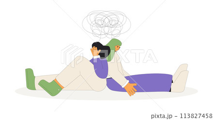 Bad relationship. Conflict. Pair of people during argument. Friends sitting on the floor back to back and take offense isolated on white background. Vector outline illustration 113827458