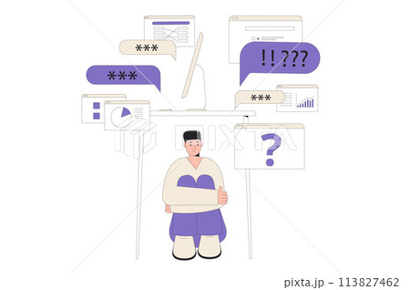 Burnout syndrome. Sad young man sitting under the table isolated on white background. Overwhelmed mental disorder character. Teenage man with stress. Vector flat illustration 113827462