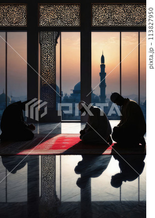 Minimalist Islamic backdrop with silhouette Muslims praying in the mosque near the window. 113827950
