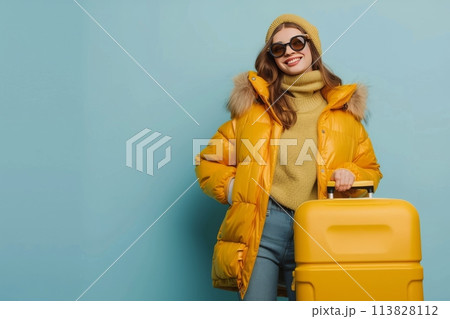 Woman in Winter Clothes Holding Suitcase 113828112