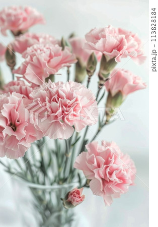 Pink Flowers in a Glass Vase on a Table 113828184