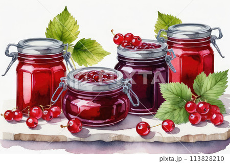 Red currant jam or marmalade and fresh red currants in watercolor style. 113828210