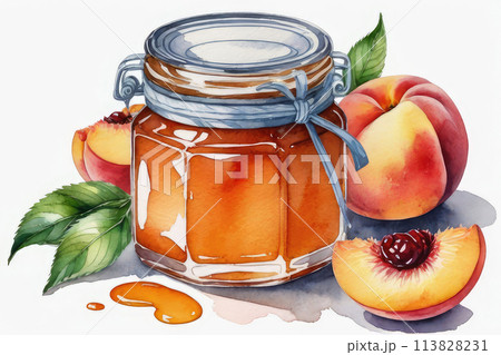 Peach jam or marmalade and fresh peach in watercolor style. 113828231