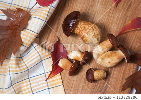 Several Imleria Badia or Boletus badius mushrooms commonly known as the bay bolete on wooden cutting board.. 113828286