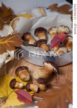 Several Imleria Badia or Boletus badius mushrooms commonly known as the bay bolete, vintage baking sheet with mushrooms on wooden cutting board.. 113828291
