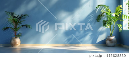 Three Potted Plants in Front of a Blue Wall 113828880