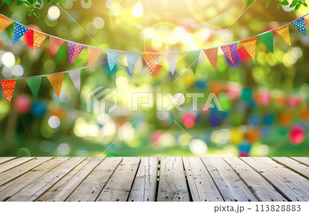 Wooden Table With Bunting Banner 113828883