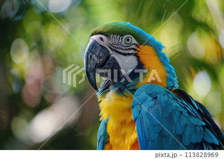 Blue and Yellow Parrot Perched on a Tree 113828969