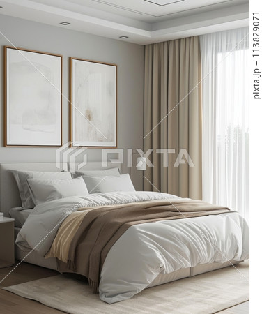 Bedroom With Large Bed and Two Pictures on Wall 113829071