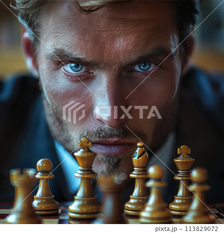 Man With Blue Eyes Playing Chess 113829072