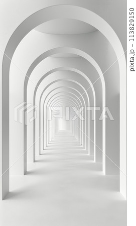 Long Hallway With Arches Leading Into Light 113829150