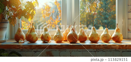 Row of Pears on Window Sill 113829151