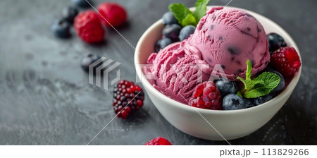 Bowl of Ice Cream With Blueberries and Raspberries 113829266