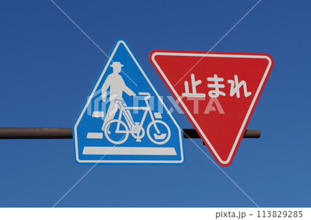 道路標識　一時停止　横断歩道・自転車横断帯 113829285