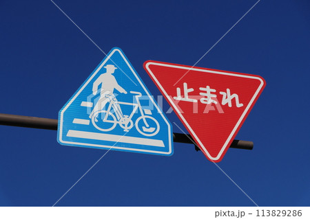 道路標識　一時停止　横断歩道・自転車横断帯 113829286