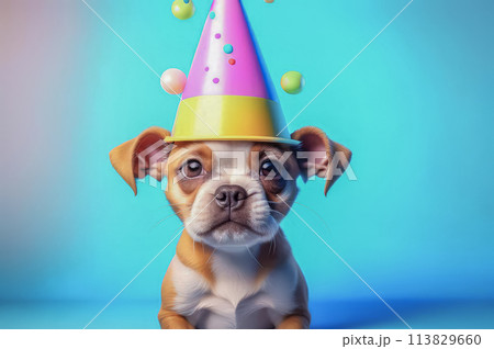 Cute puppy in a party hat on a blue background, cute funny dog celebrating his birthday 113829660