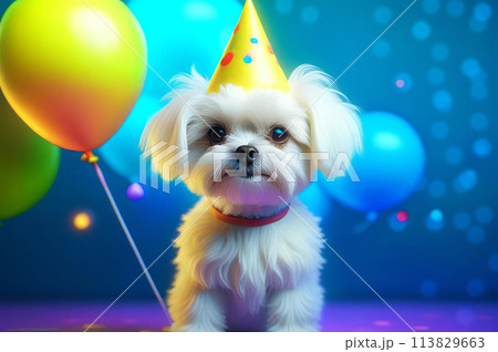 Cute puppy in a party hat on a blue background, cute funny dog celebrating his birthday 113829663