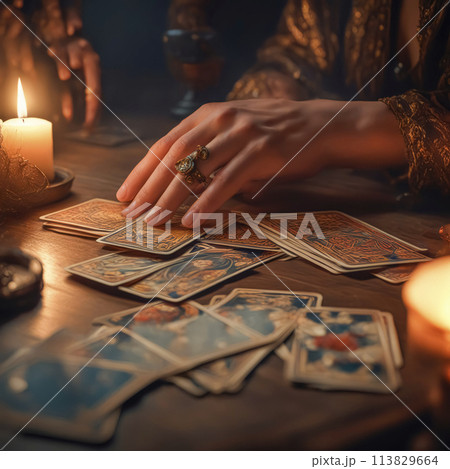 Tarot reader chooses Tarot cards. Fortune teller reads cards Tarot reader chooses Tarot cards. Fortune teller reads cards 113829664
