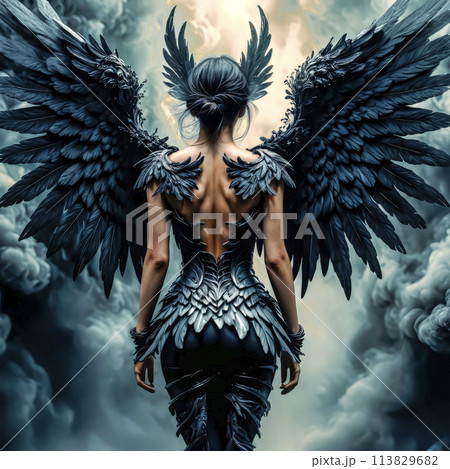 Portrait of a beautiful attractive black fallen angel on a dark background 113829682