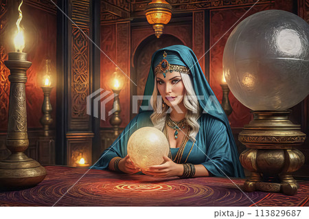 A beautiful mysterious fortune teller with piercing eyes predicts fate on a magic ball 113829687