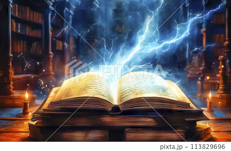 A magic book from the wizard's room, an ancient grimoire for spells 113829696