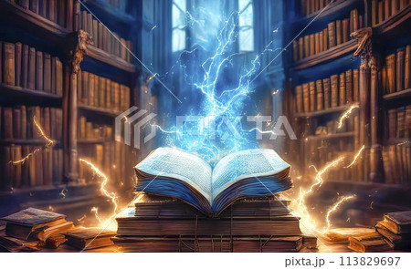 A magic book from the wizard's room, an ancient grimoire for spells 113829697