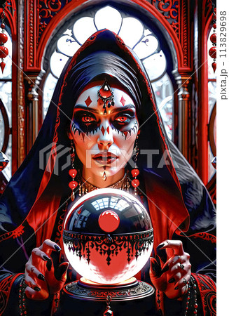 A beautiful mysterious fortune teller with piercing eyes predicts fate on a magic ball A beautiful mysterious fortune teller with piercing eyes predicts fate on a magic ball 113829698