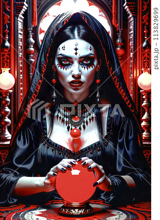 A beautiful mysterious fortune teller with piercing eyes predicts fate on a magic ball 113829699