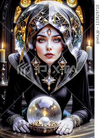 A beautiful mysterious fortune teller with piercing eyes predicts fate on a magic ball A beautiful mysterious fortune teller with piercing eyes predicts fate on a magic ball 113829710