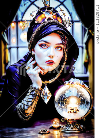 A beautiful mysterious fortune teller with piercing eyes predicts fate on a magic ball A beautiful mysterious fortune teller with piercing eyes predicts fate on a magic ball 113829711